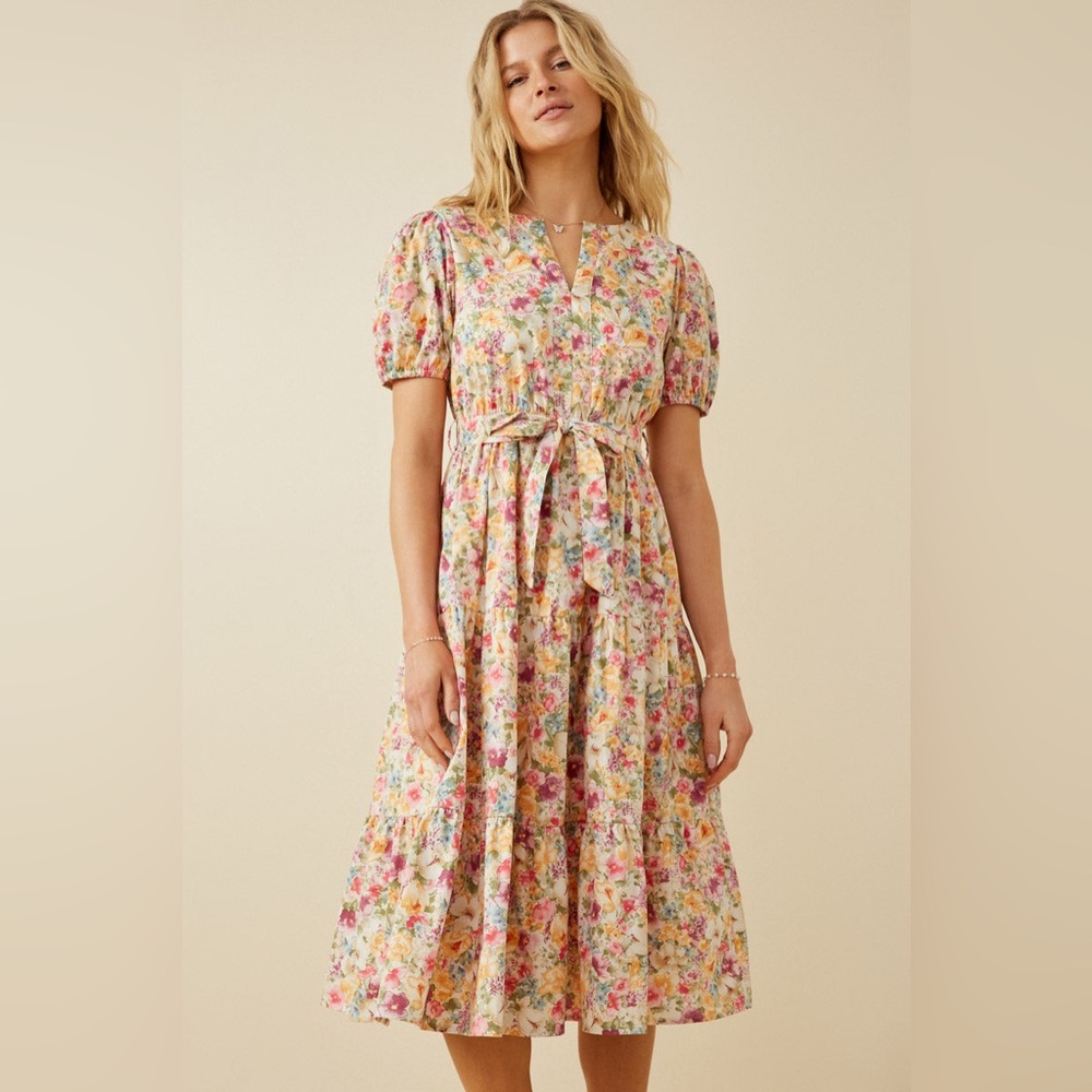 Tie-Waist Floral Midi Dress in Multi Pink